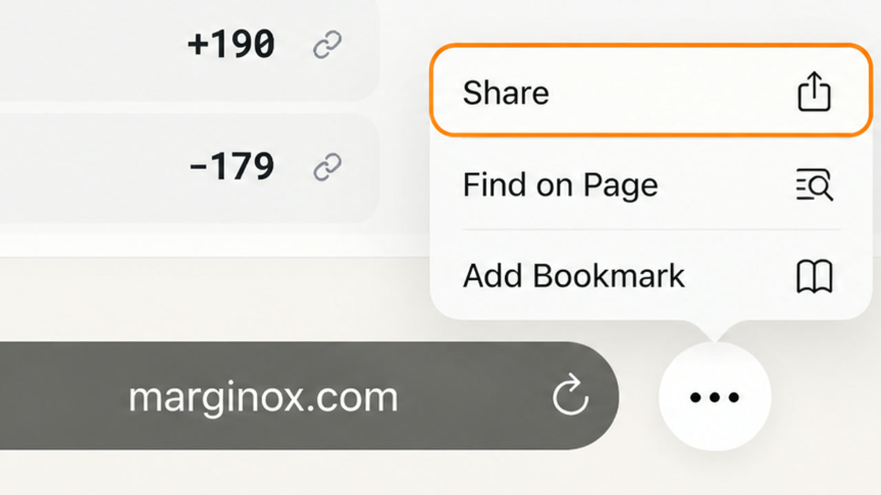 A tight close-up of Safari's menu and three-dot button, with Share highlighted over Marginox.