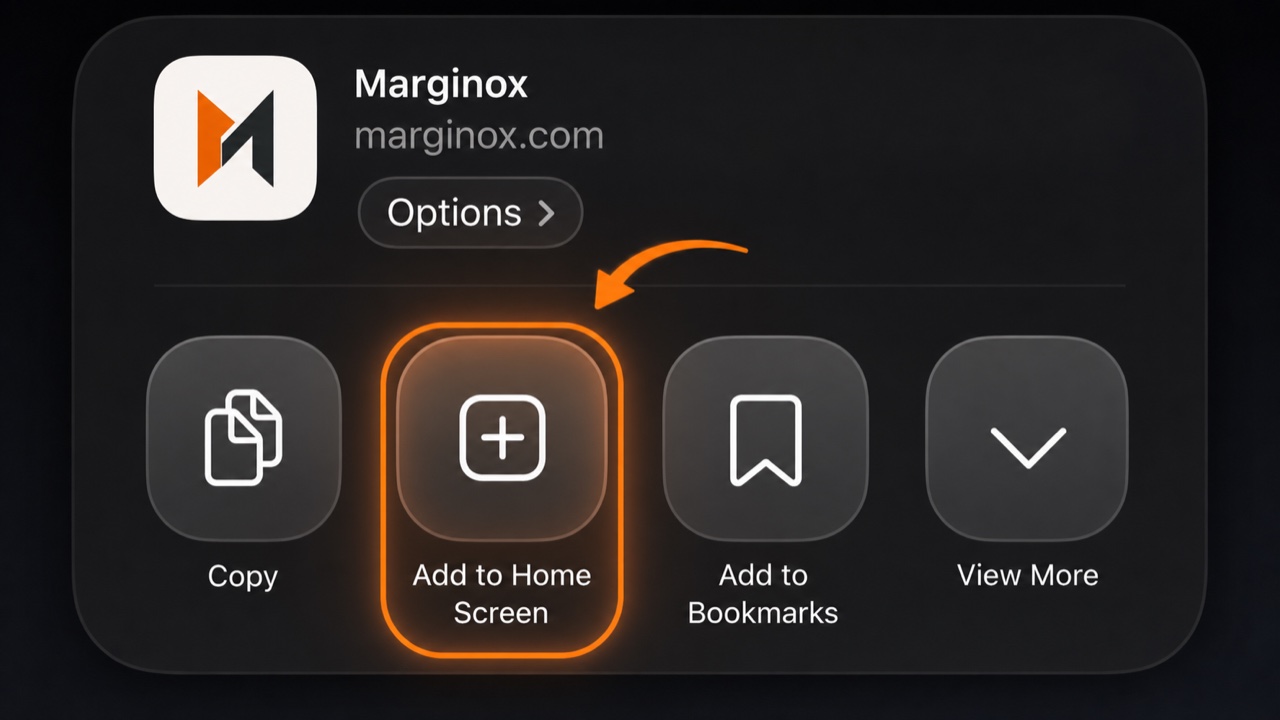 The iPhone Share Sheet with Add to Home Screen highlighted for Marginox.